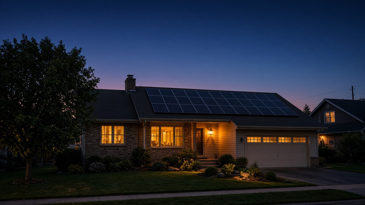 Home with solar and interior lights at dusk