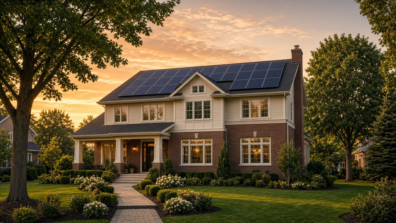 Illinois home with rooftop solar at sunset