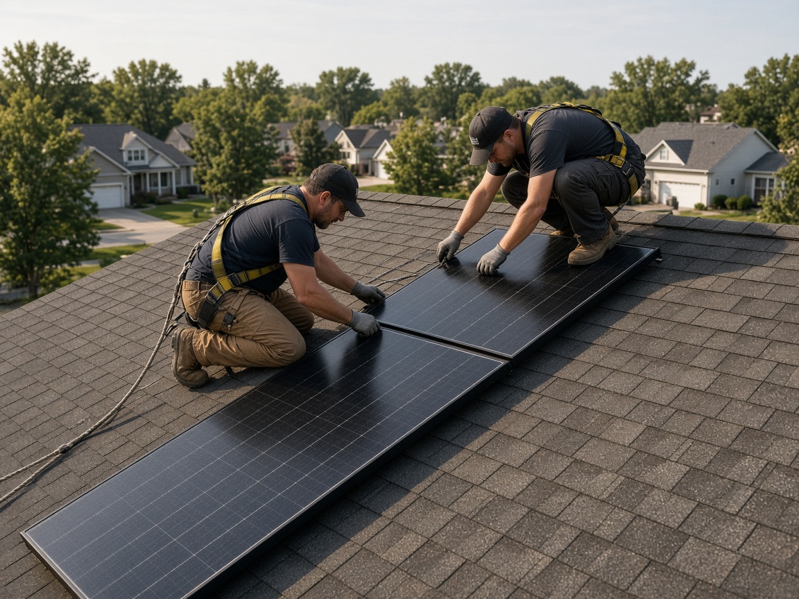 Crew installing rooftop solar on an Illinois home