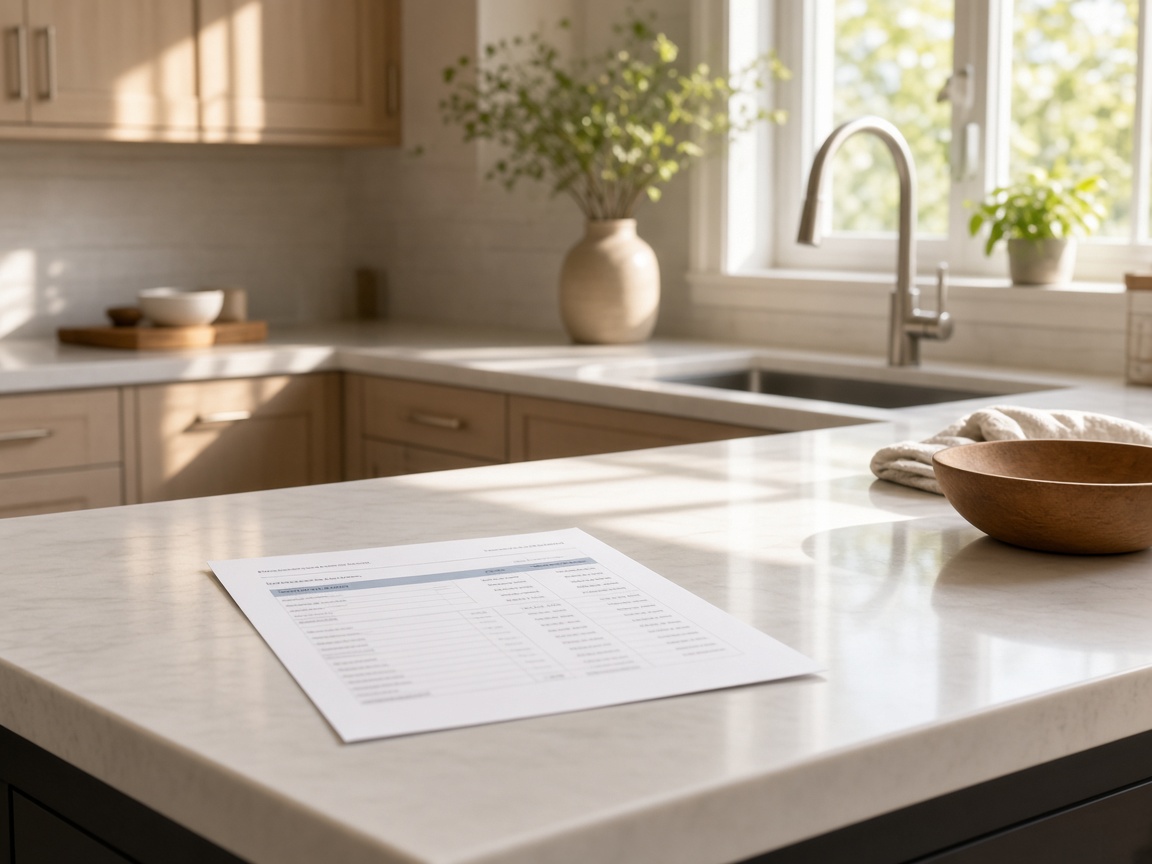Kitchen with morning light and a utility bill