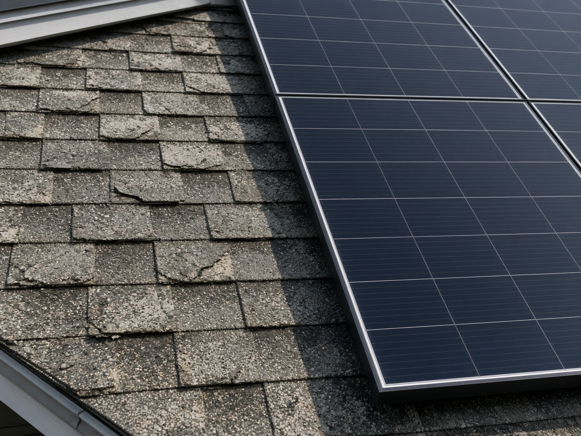Aging shingles next to newly installed solar panels